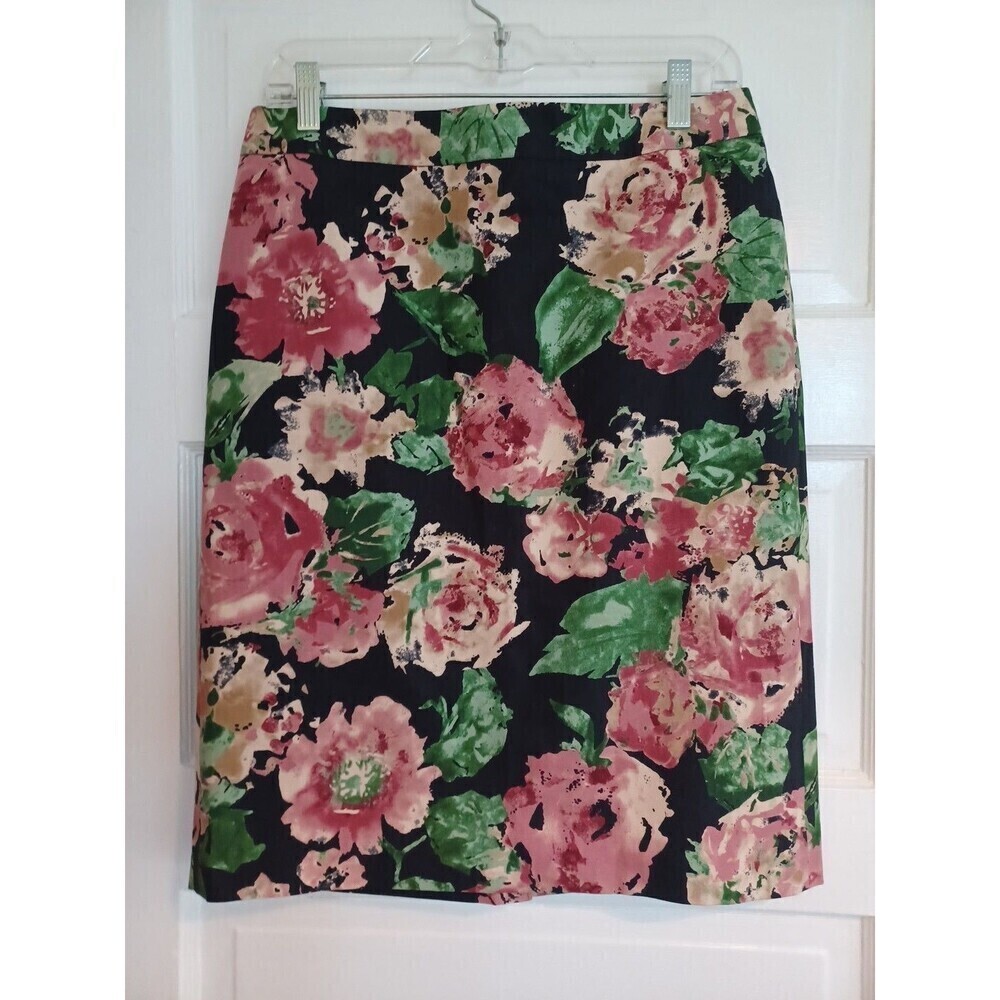 Talbots dark floral pencil midi skirt cotton stretch lined classic work party